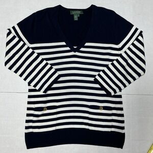 RALPH LAUREN Womens V-Neck Sweater Nautical Logo Navy/White Stripe Cotton Size S
